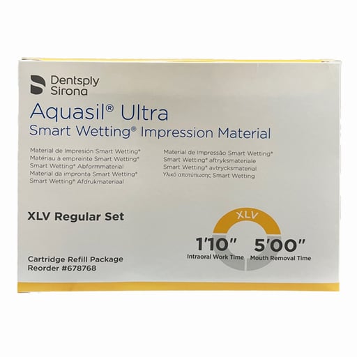 Dentsply Sirona Aquasil Ultra XLV Extra Low Viscosity Regular Set, 4 x 50 mL Cartridges & 12 Mixing Tips Dentsply Sirona Aquasil Ultra XLV Extra Low Viscosity Regular Set, 4 x 50 mL Cartridges & 12 Mixing Tips
